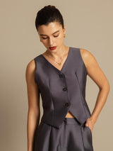 Women's silk-wool blend V-neck vest with button front in dark gray