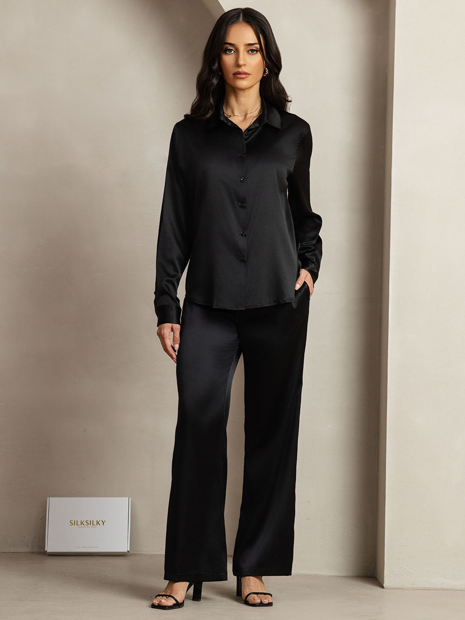 [Black] SilkSilky  19Momme Silk Lapel Collar Women''s Outfit Sets 001,