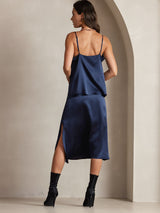 [Dark Blue] SilkSilky  19Momme Stretch Silk Charmeuse Spaghetti Strap Cowl Neck Camisole Top 002