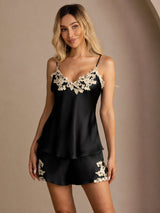 [Black] SilkSilky  Spaghetti Strap V Neck Camisole Set 003
