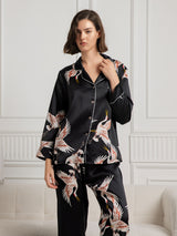 [Black] SilkSilky  Long Sleeve Lapel Collar Women's Pajamas 003