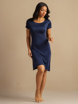 [Dark Blue] SilkSilky  Silk Knitted Round Neck Nightgown 007,