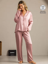 Pink washable silk women’s pajamas set with notch collar and long sleeves