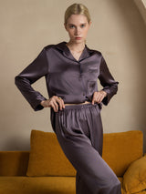 [Purple Gray] SilkSilky  Long Sleeve Lapel Collar Women's Pajamas 004