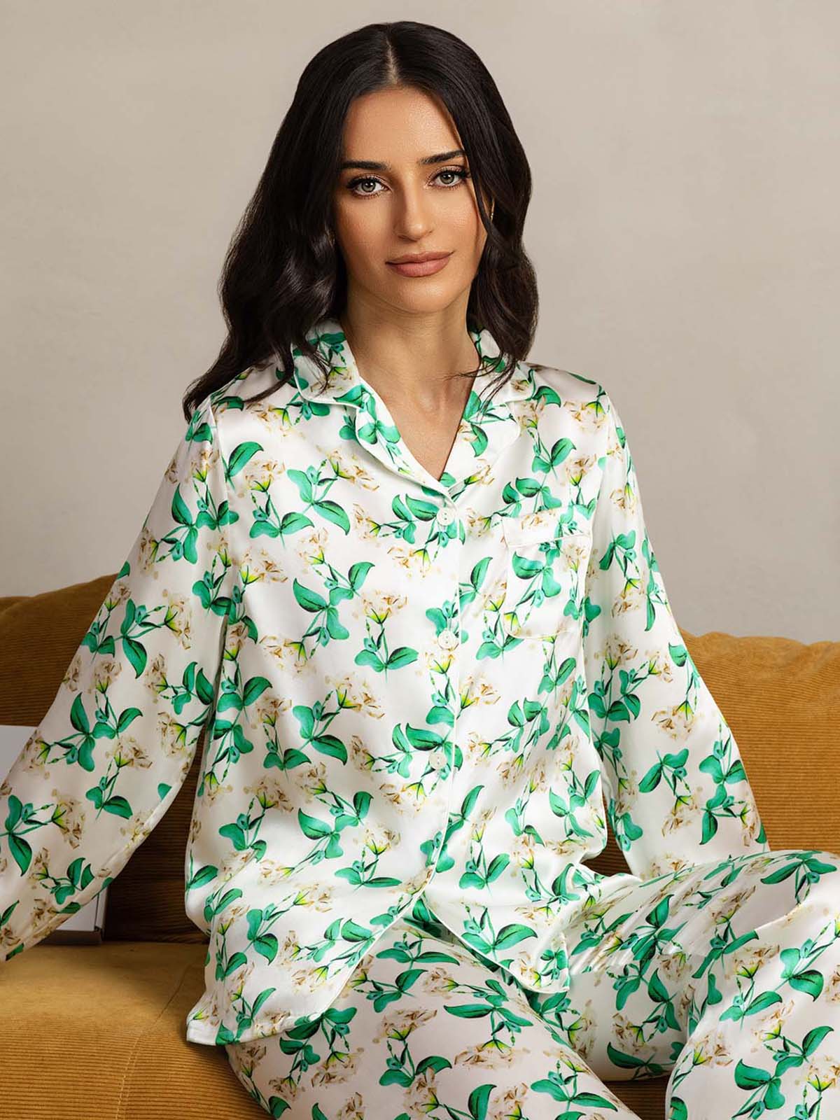 [Green Floral] SilkSilky  Long Sleeve Lapel Collar Women's Pajamas 001