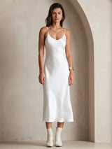 [White] SilkSilky  Spaghetti Strap V Neck Dress 001