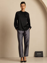 [Black] SilkSilky  Long Sleeve Round Neck Women's Blouse 008