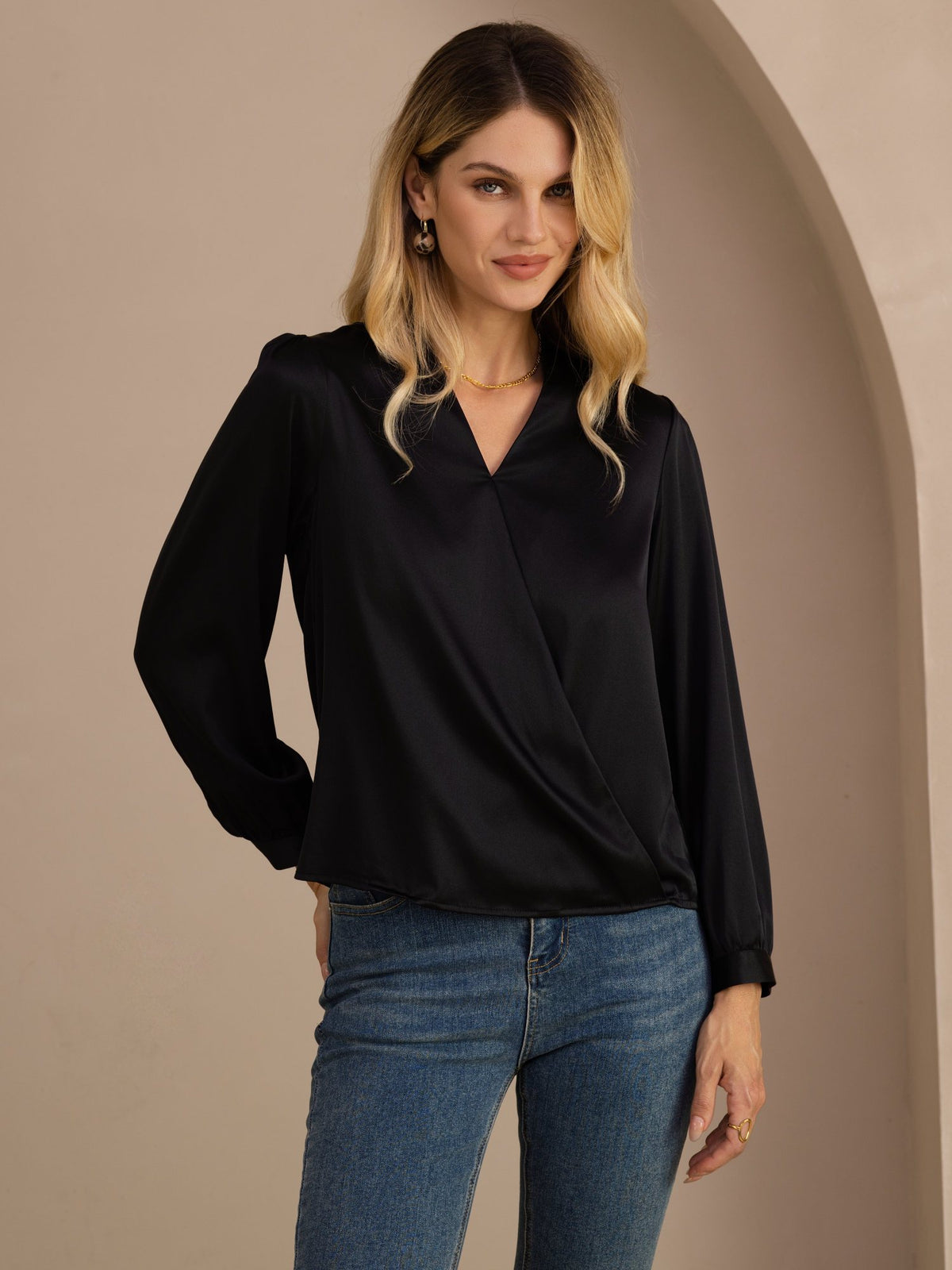 [Black] SilkSilky Long Sleeve Wrap Women's Blouse 001