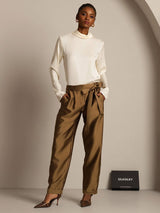 Silk-wool blend high waist tapered cropped pants with tie waist in brown
