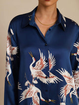[Dark Blue] SilkSilky  Long Sleeve Lapel Collar Women's Shirt 006