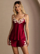 [Wine] SilkSilky  Spaghetti Strap V Neck Camisole Set 001