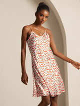 Cherry print silk slip dress with spaghetti straps and straight fit
