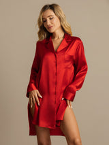 [Red] SilkSilky  Long Sleeve Lapel Collar Nightshirt 001