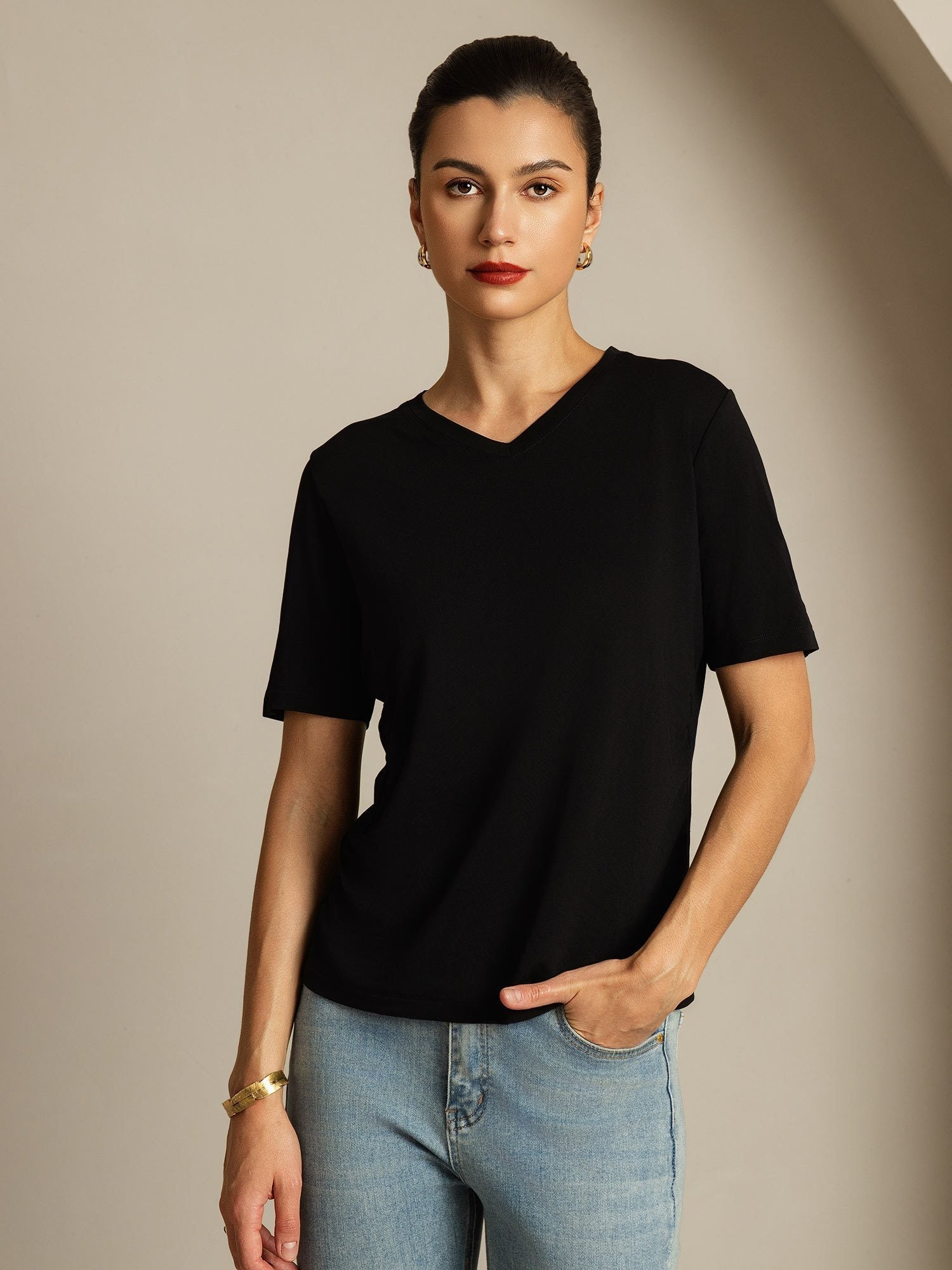 [Black] SilkSilky  100% High-Twist Silk Jersey Short Sleeve V Neck Women's T-Shirt 001