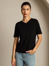 [Black] SilkSilky  Short Sleeve V Neck Women's T-Shirt 001