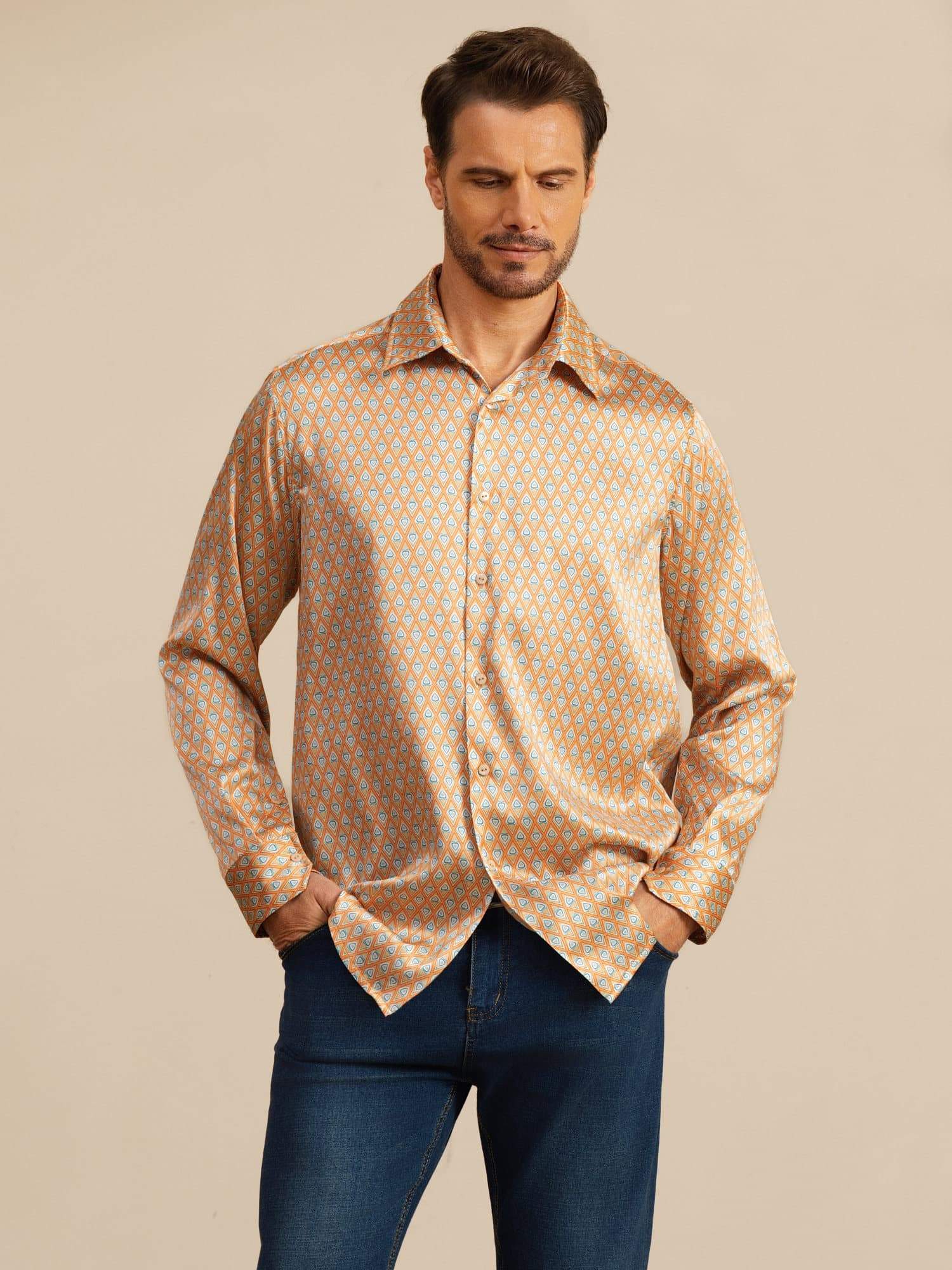 [Yellow Heart Geo] SilkSilky  Long Sleeve Lapel Collar Men's Shirt 001