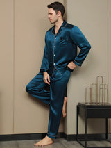 [Teal] SilkSilky  Long Sleeve Lapel Collar Men's Pajamas 005