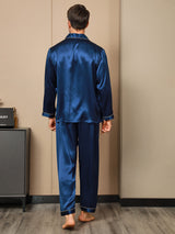 [Dark Blue] SilkSilky  Long Sleeve Lapel Collar Men's Pajamas 002