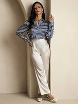 [Navy Stripe] SilkSilky  Long Sleeve Lapel Collar Women's Shirt 009