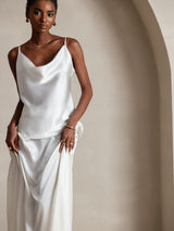 [White] SilkSilky  19Momme Stretch Silk Charmeuse Spaghetti Strap Cowl Neck Camisole Top 003