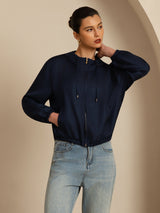 Navy silk hooded jacket with stand collar, front zipper and side pockets