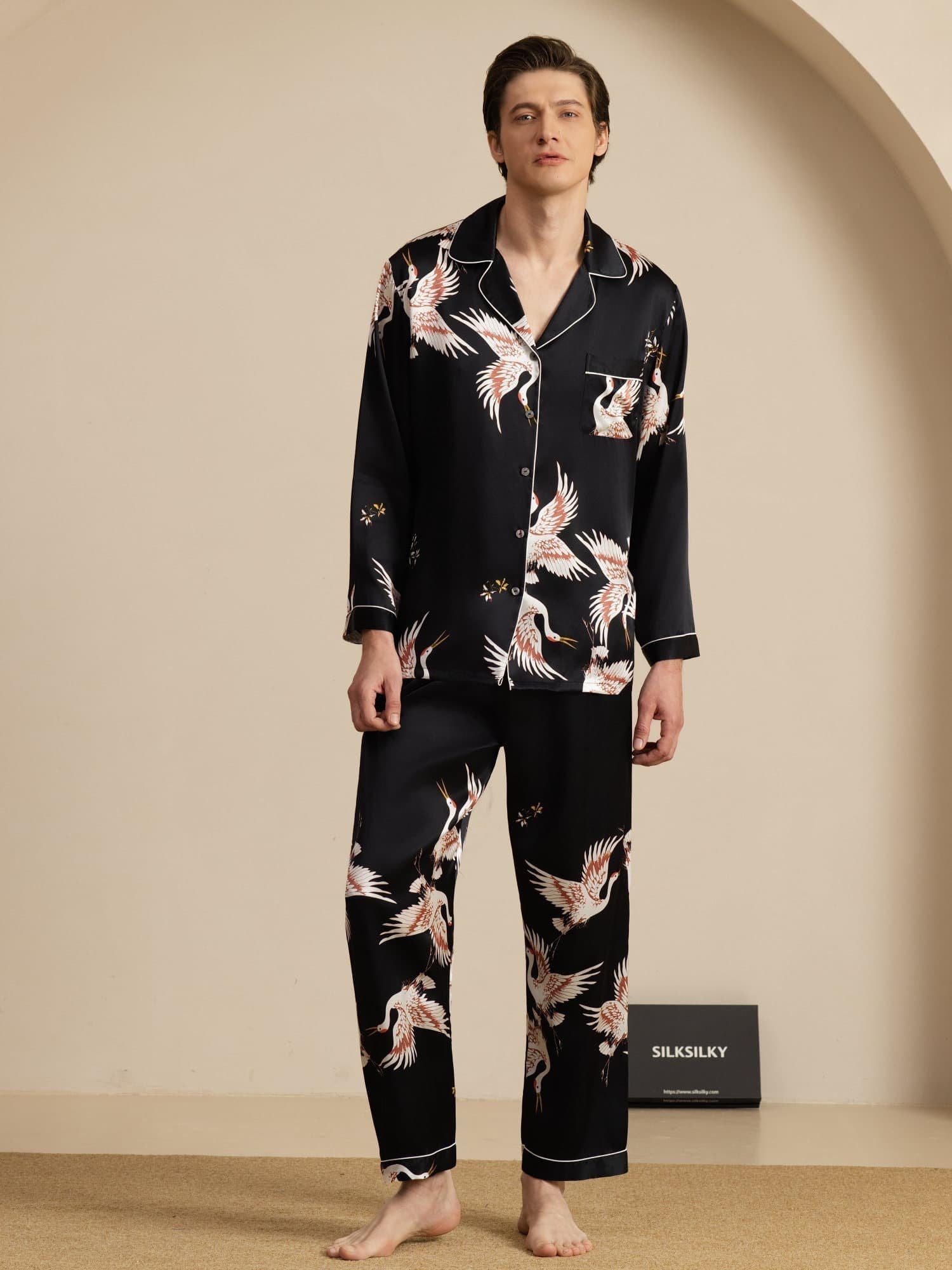 [Black] SilkSilky  Long Sleeve Lapel Collar Men's Pajamas 001