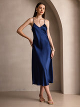 [Dark Blue] SilkSilky  Pure Silk Spaghetti Strap V Neck Dress 001