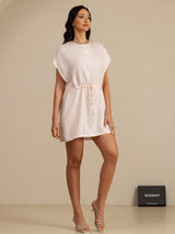 Blush pink silk Henley neck short dress with cap sleeves and drawstring waist