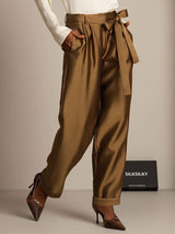 High waist silk-wool blend tapered cropped women's pants with tie waist in brown