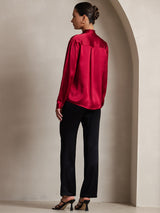 [Wine] SilkSilky  19Momme Stretch Silk Charmeuse Long Sleeve Tie Neck Blouse 004