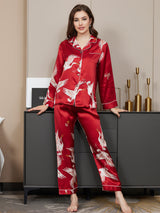 [Dark Red] SilkSilky  Long Sleeve Lapel Collar Women's Pajamas 003