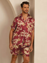 [Wine Dragon] SilkSilky  Short Sleeve Lapel Collar Men's Pajamas 001