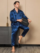 [Dark Blue] SilkSilky  Long Sleeve Lapel Collar Men's Pajamas 001