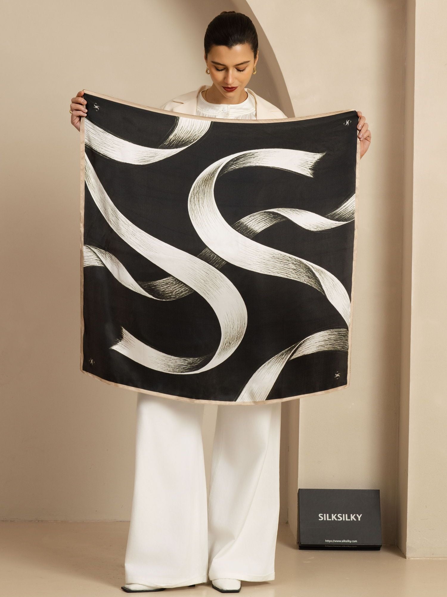 Black silk square scarf with white ribbon print, 90x90cm, SilkSilky