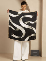 Black silk square scarf with white ribbon print, 90x90cm, SilkSilky