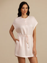 Light pink silk Henley neck cap sleeve short dress with drawstring waist and pockets