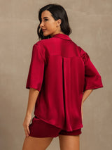 Women’s red silk notch collar pajama set with short sleeves and shorts