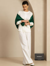 White silk scarf outfit with green draped panels, SilkSilky branded presentation