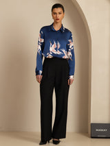 [Dark Blue] SilkSilky  Long Sleeve Lapel Collar Women's Shirt 007