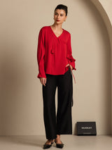 [Wine] SilkSilky  Long Sleeve V Neck Women's Blouse 006