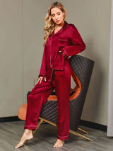 [Wine] SilkSilky  Long Sleeve Lapel Collar Women's Pajamas 006