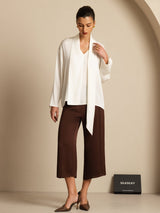 [White] SilkSilky 19Momme Silk Long Sleeve V Neck Blouse 007