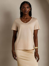 [Beige] SilkSilky  Short Sleeve V Neck Women's T-Shirt 001
