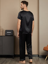 [Black] SilkSilky Pure Silk Short Sleeve Round Neck Men's Pajamas 002
