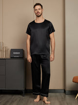 [Black] SilkSilky Pure Silk Short Sleeve Round Neck Men's Pajamas 003