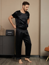 [Black] SilkSilky Pure Silk Short Sleeve Round Neck Men's Pajamas 004