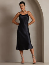 [Black] SilkSilky  Spaghetti Strap Cowl Neck Dress 001