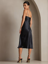 [Black] SilkSilky  Spaghetti Strap Cowl Neck Dress 002
