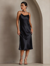 [Black] SilkSilky  Spaghetti Strap Cowl Neck Dress 003