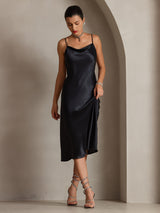 [Black] SilkSilky  Spaghetti Strap Cowl Neck Dress 004